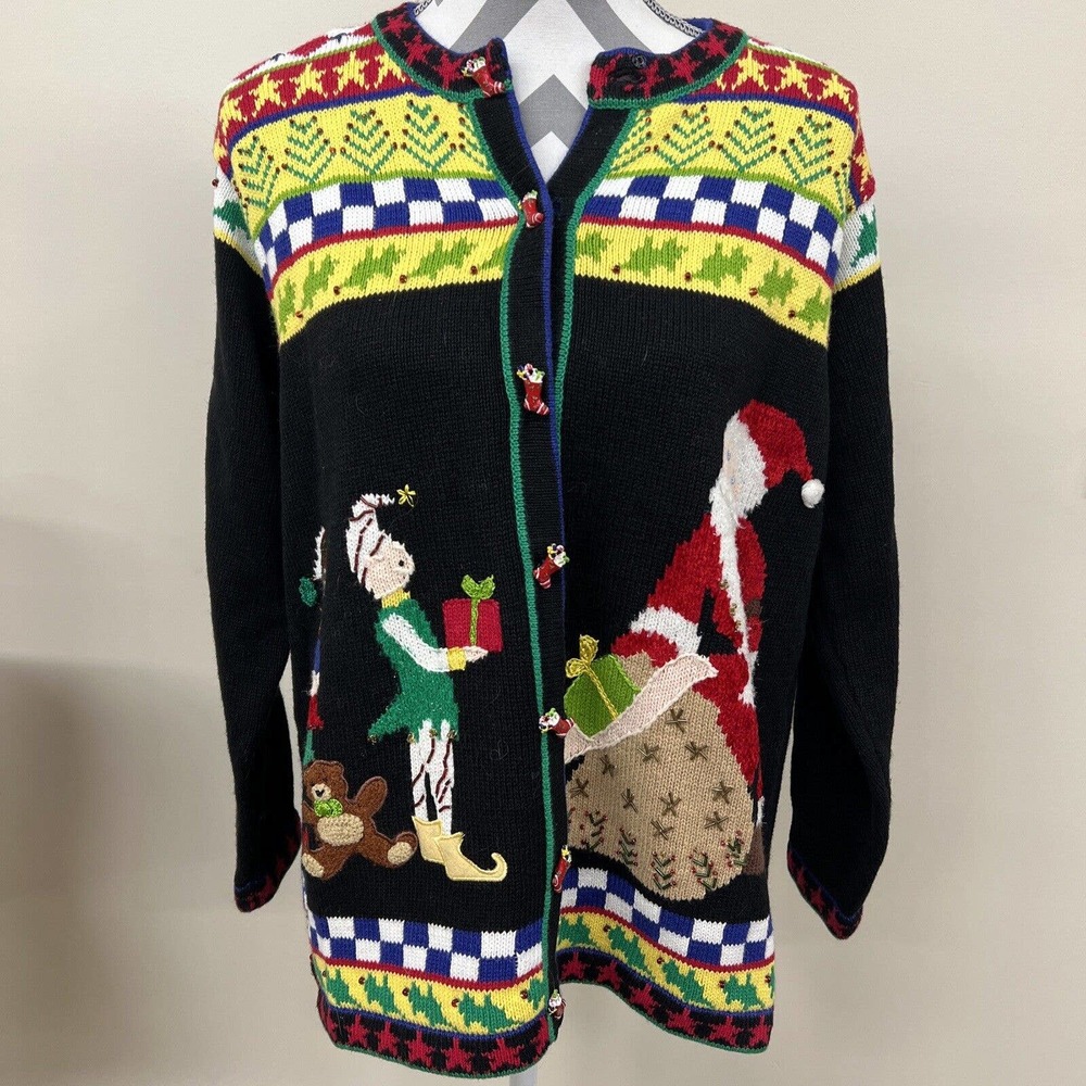 VTG Storybook Knits Medium Cardigan Sweater Christmas Santa Elves FS Charity